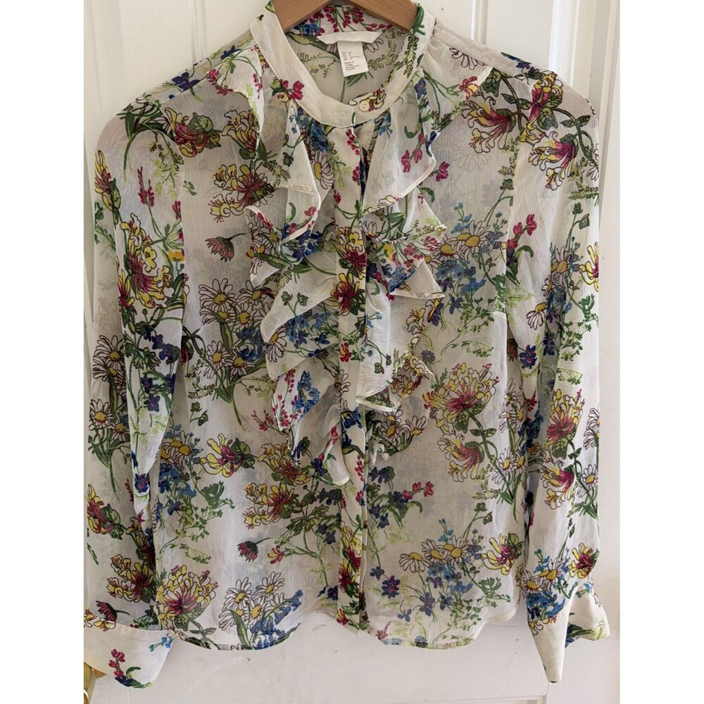 H&M Womens Button Up Blouse Size 2 Floral Ruffle Cottagecore Fairy Core Sheer
